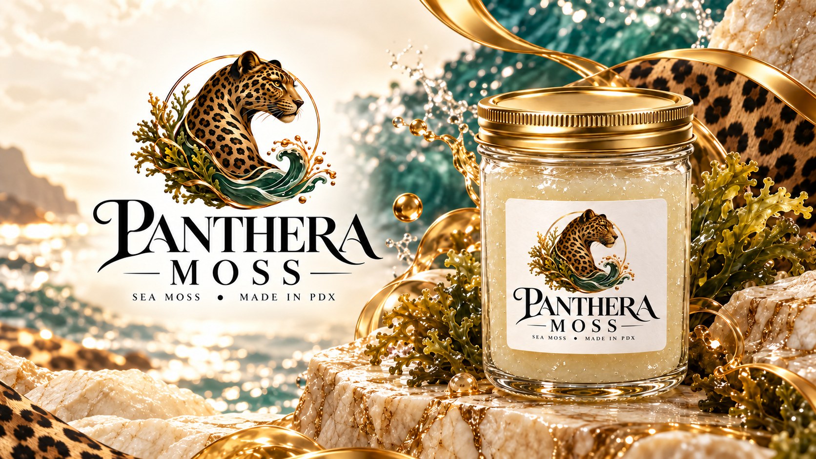 Panthera Moss sea moss gel jar with gold lid, leopard emblem, ocean wave and sea moss