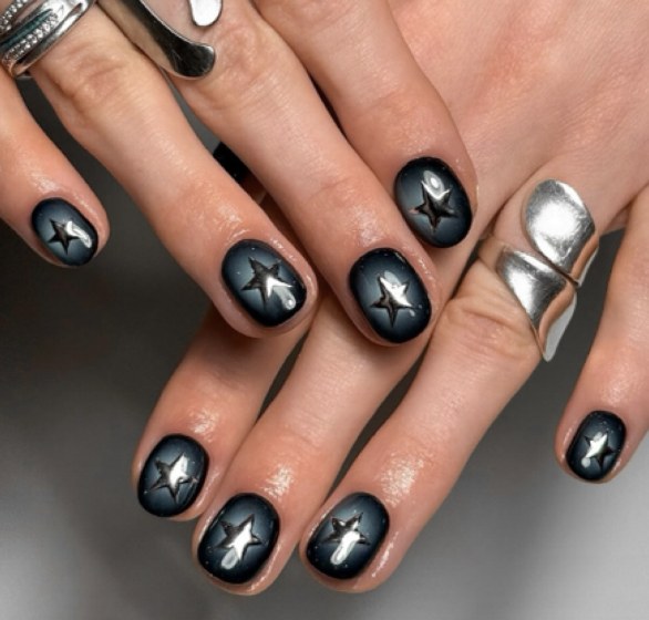 Black chrome star nails